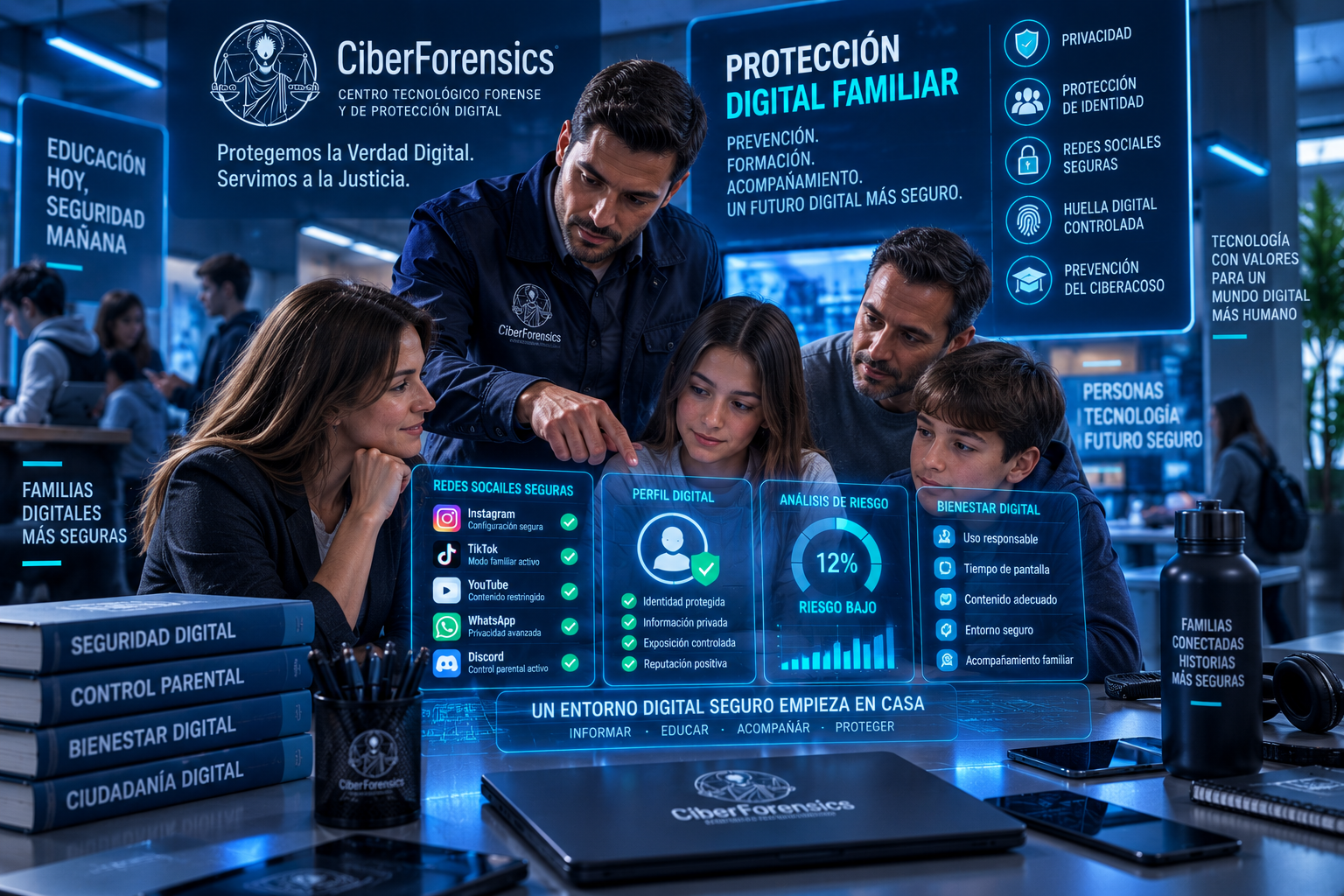 Familia recibiendo orientación profesional sobre privacidad, redes sociales y huella digital