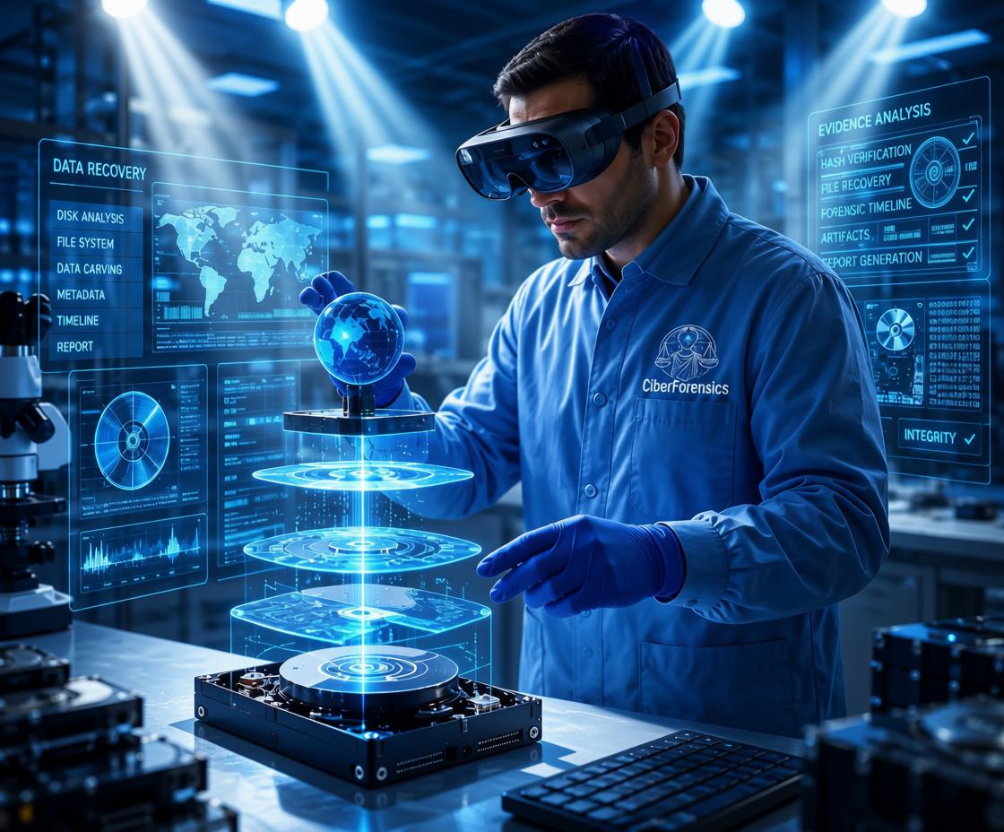 Especialista en un laboratorio de análisis digital examinando evidencia electrónica